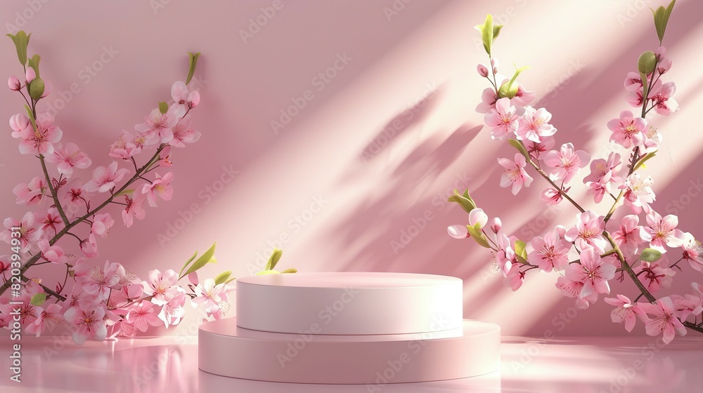 Spring Flower 3D Podium Background: Pink Display for Cosmetics Spring Flower 3D Podium Background: Pink Display for Cosmetics