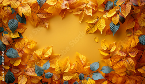 Fototapeta Naklejka Na Ścianę i Meble -  Frame made of colorful autumn leaves on an orange background, with space in the center for text or graphics.