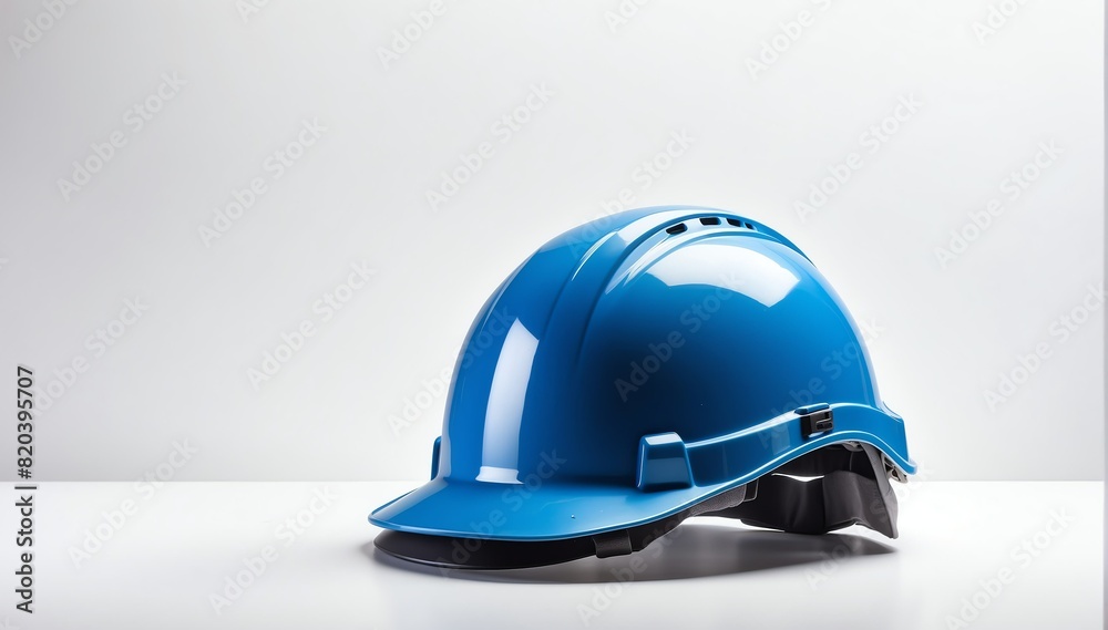 blue safety helmet on plain white background with copyspace from Generative AI blue safety helmet on plain white background with copyspace from Generative AI