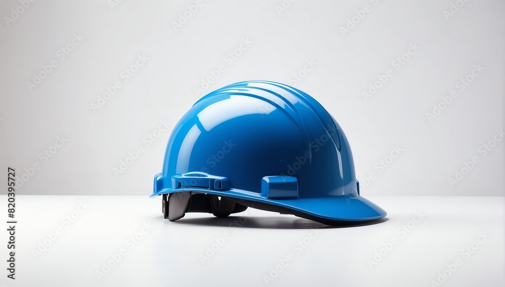 Fototapeta premium blue safety helmet on plain white background with copyspace from Generative AI