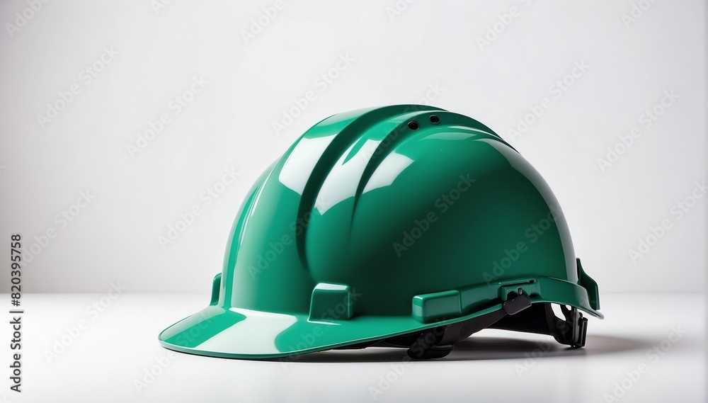 green safety helmet on plain white background with copyspace from Generative AI green safety helmet on plain white background with copyspace from Generative AI