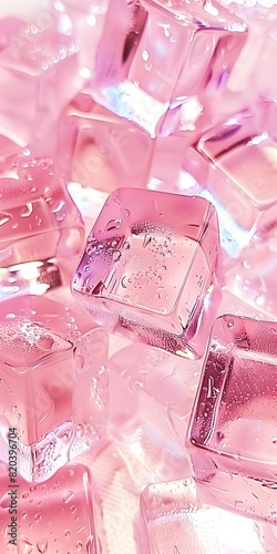 the view on many pieces of pink ice cube, There are drops of water on the ice, Light pink, infused symbolism, creative commons attribution, contemporary, hard surface modeling photo