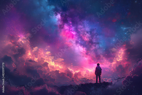 An image of an astronaut looking at the Milky Way with a purple nebula-like appearance. © Pukkaraphong