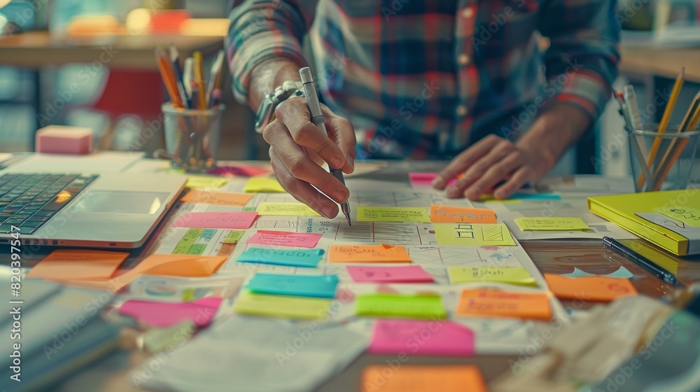 Business people write down an important note, using on the paper stickers post. Business Startup concept
