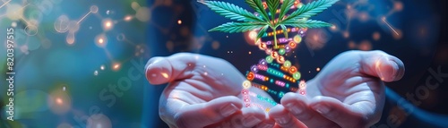 Gene Expression Hands delicately holding a cannabis leaf integrated with a DNA helix, with colorful gene expression patterns radiating from the leaf, symbolizing the regulation of biological processes photo