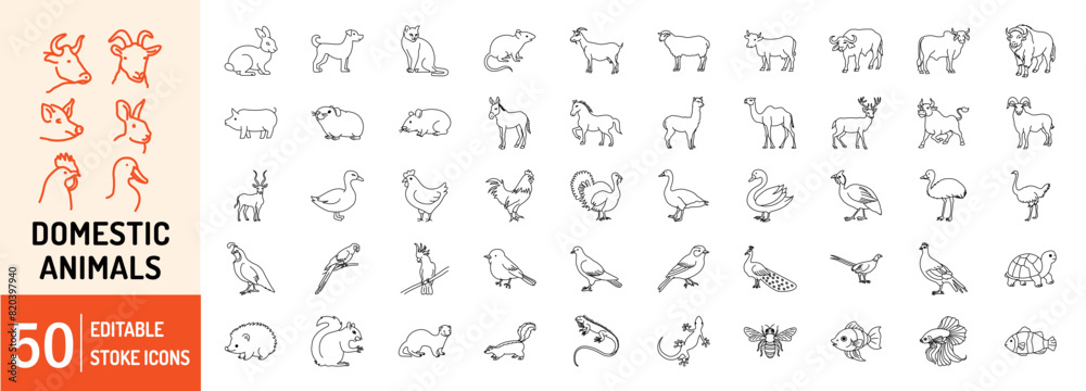 Domestic Animal editable stroke outline web icons set. Cow, goat, pig, hen, goose, horse, chicken, rooster and sheep. Vector illustration Domestic Animal editable stroke outline web icons set. Cow, goat, pig, hen, goose, horse, chicken, rooster and sheep. Vector illustration