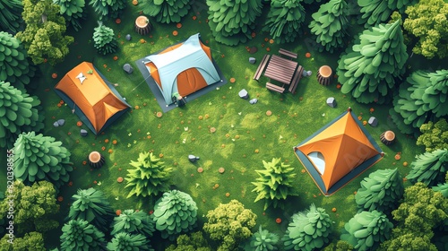 Woodland campsite flat design top view nature theme animation vivid photo