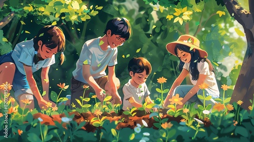 Family gardening together in their backyard, planting flowers, hands in the soil, everyone smiling, vibrant spring colors photo