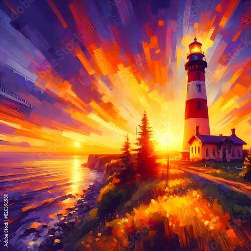 Painting of a lighthouse on a rocky shore with a sunset in the background.