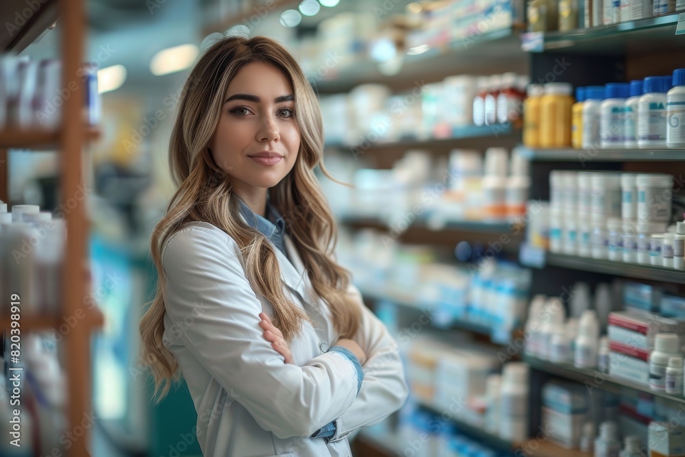 Pharmacist standing in front of drugs shelf in drugstore Pharmacist standing in front of drugs shelf in drugstore