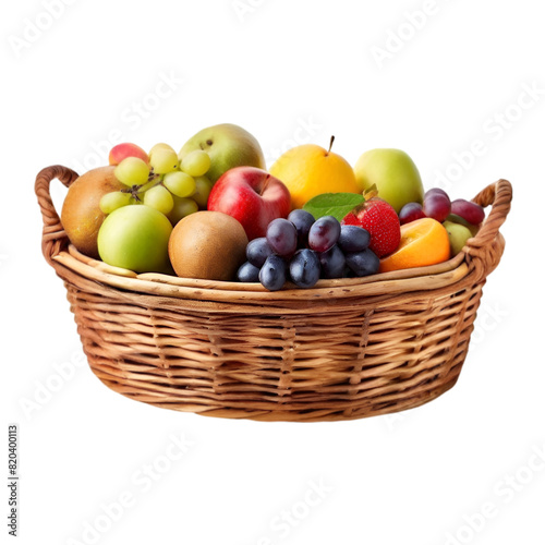 Fresh fruit wicker basket over an isolated transparent background