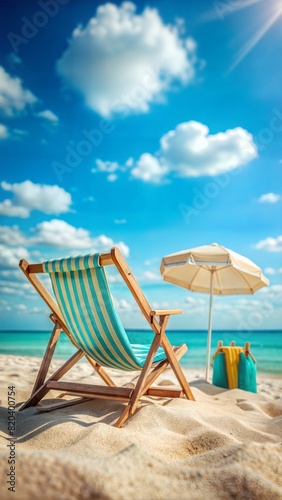 typical summer objects and beach chairs on the sand on a bright beach background with depth of field technique. bottom view