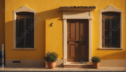 yellow wall with door and dramatic lighting on house facade from Generative AI