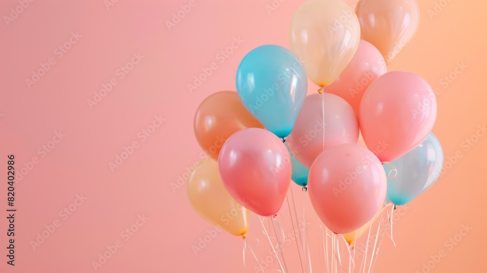 A bouquet of pastel balloons with a combination of pink, blue, and yellow, set against a soft pastel peach background A bouquet of pastel balloons with a combination of pink, blue, and yellow, set against a soft pastel peach background