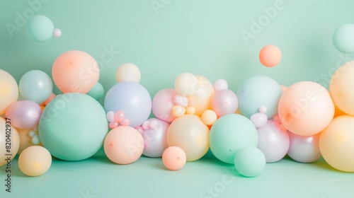 An artistic arrangement of pastel balloons in various sizes, placed in front of a mint green background, creating a whimsical look