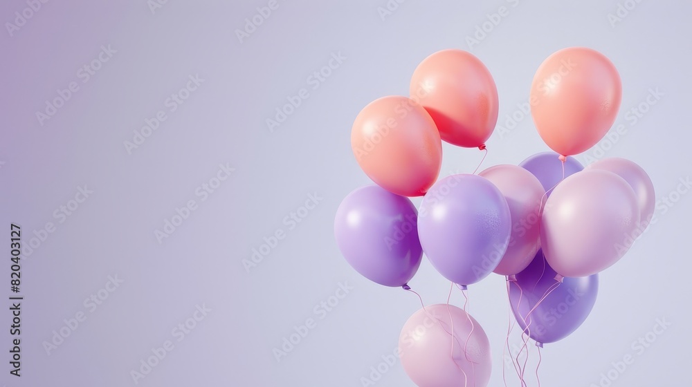 A playful composition of pastel balloons floating freely in front of a light pastel purple background, capturing a sense of joy A playful composition of pastel balloons floating freely in front of a light pastel purple background, capturing a sense of joy