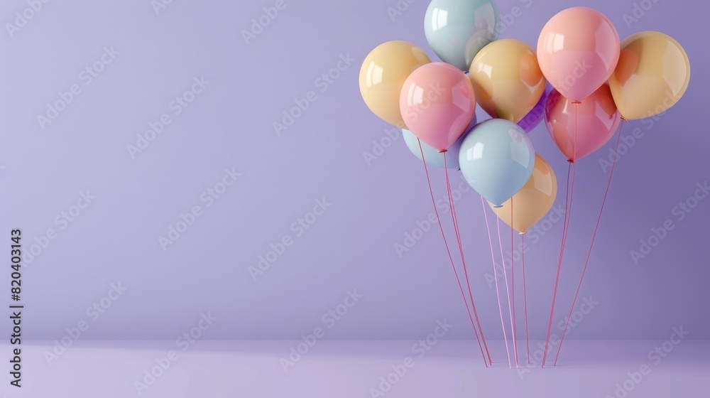 A group of helium balloons in pastel colors, gently swaying in front of a soft lavender background, perfect for a celebration A group of helium balloons in pastel colors, gently swaying in front of a soft lavender background, perfect for a celebration