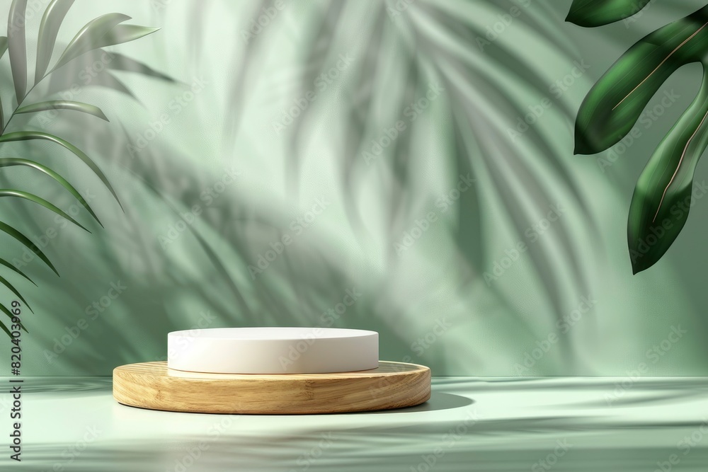 Cosmetics product advertising stand. Exhibition wooden podium on green background with palm leaves and shadows. Empty pedestal to display product packaging. Mockup - Generative Ai