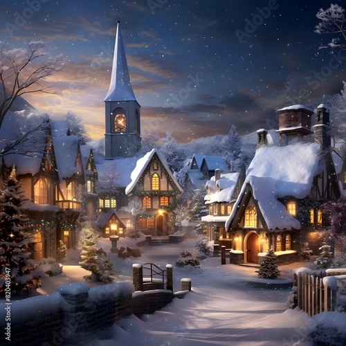 Winter night in the village. Christmas and New Year. Digital painting.