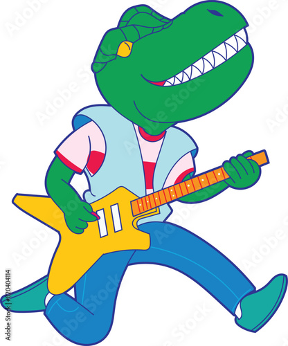 a cartoon of a dinosaur playing a guitar with a dinosaur on it.