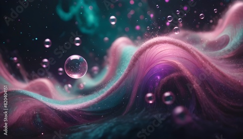 Bokeh light overlay with blurred glitter texture and water bubbles abstract teal background