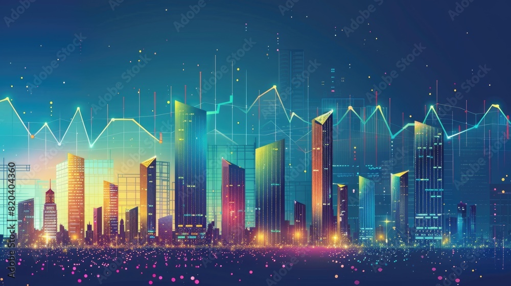 Fototapeta premium Abstract financial hub, cityscape with skyscrapers resembling financial graphs
