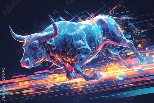 Majestic Geometric Polygon Bull Sculpture Charging Across Abstract Dark Background  Symbolizing Strength and Prosperity of Stock Market  Dynamic Abstracted Animal Form Sprinting Towards Success and Fr