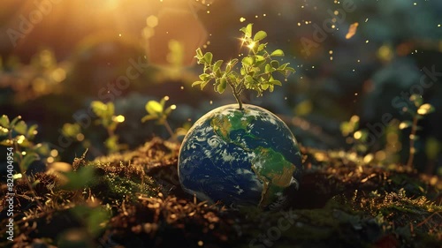 Planet earth on the ground, nature background, world nature conservation day and environment day concept. photo
