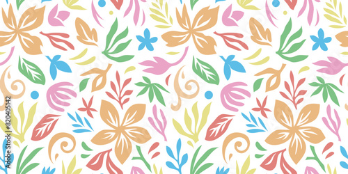 Abstract plant leaf art seamless pattern with colorful freehand doodle collage. Organic leaves cartoon background, simple nature shapes in vintage pastel