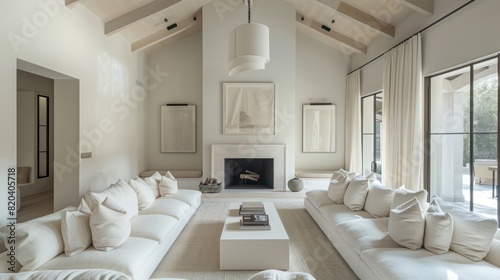 Modern home living room interior with white comfortable sofa  natural light from large glass window.