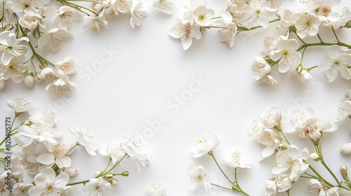 Cresent flowers as frame on white backrgound  copy space. Mother s Day fashionable layout. Women Day. Beautiful flower background