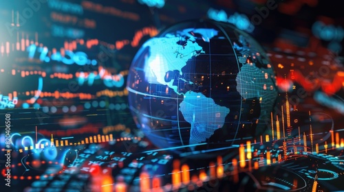 Global investments concept, world globe with abstract financial symbols