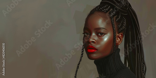 black woman with long braids in an updo, wearing red lipstick and dark turtleneck sweater, generative AI