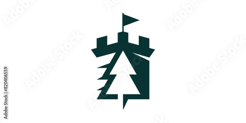 castle and pine tree logo design, logo design icon, symbol, vector, creative idea.