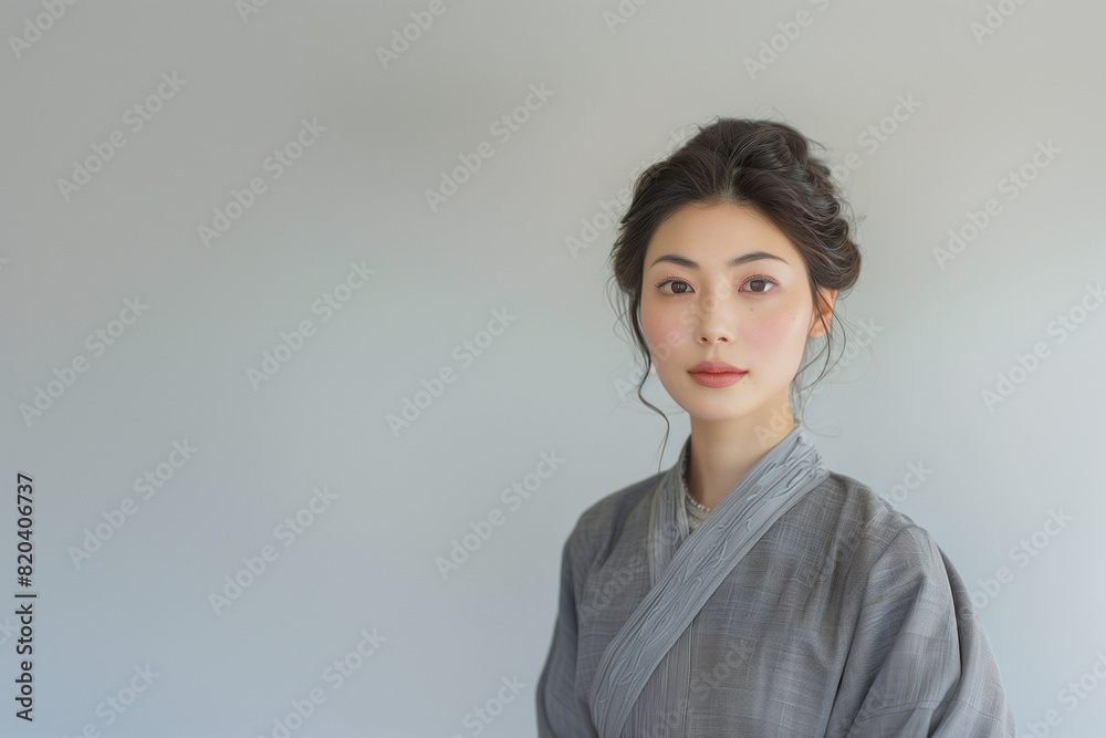 Sophisticated portrait of a Japanese model in traditional attire, standing against a soft gradient background. Her composed demeanor and elegant clothing reflect grace and poise. Sophisticated portrait of a Japanese model in traditional attire, standing against a soft gradient background. Her composed demeanor and elegant clothing reflect grace and poise.