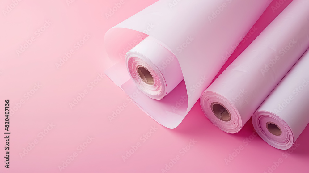 creative stationery setup with white paper rolls on pink backdrop, with copy space for text creative stationery setup with white paper rolls on pink backdrop, with copy space for text