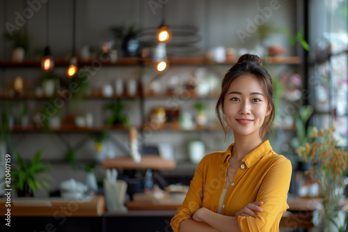 An Asian woman in a yellow shirt standing with arms crossed in a trendy cafe. She has a confident smile, with plants and lights enhancing the cozy atmosphere.