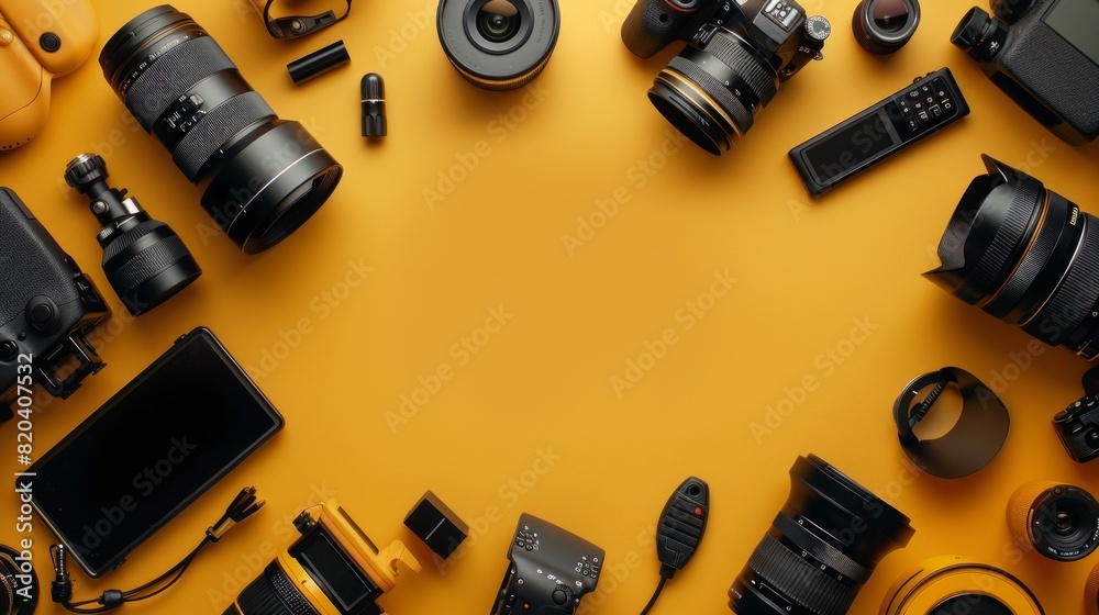 A flat lay of photography equipment is shown, including cameras and flash lights on one side, with remote controls in the center. Copy space