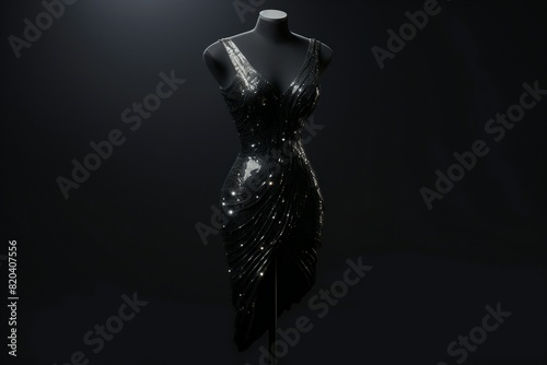 Mannequin with a black shiny corset for an evening event on a black background, created by AI