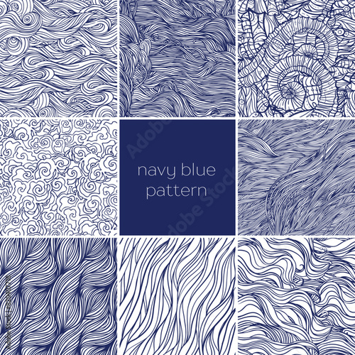 Abstract navy blue hand-drawn pattern set, waves background. Seamless pattern...
