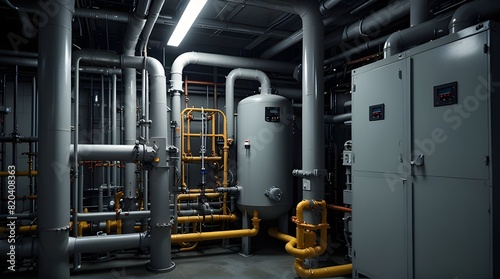 Piping inside industrial chiller plant room and buffer tank.generative.ai