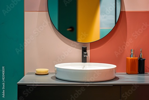 Black wall hung vanity with white round vessel sink, near multicolored wall with mirror. Minimalist, memphis style interior design of modern bathroom.