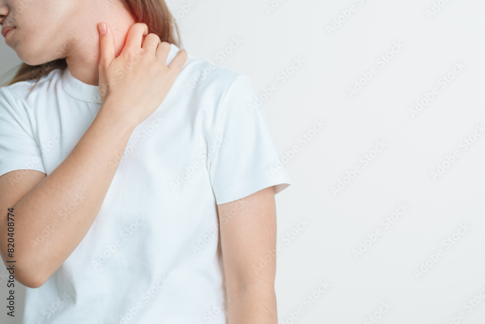 Woman having Neck and Shoulder pain at home. Muscle painful due to Myofascial pain syndrome and Fibromyalgia, rheumatism, Scapular pain, Cervical Spine. ergonomic concept Woman having Neck and Shoulder pain at home. Muscle painful due to Myofascial pain syndrome and Fibromyalgia, rheumatism, Scapular pain, Cervical Spine. ergonomic concept