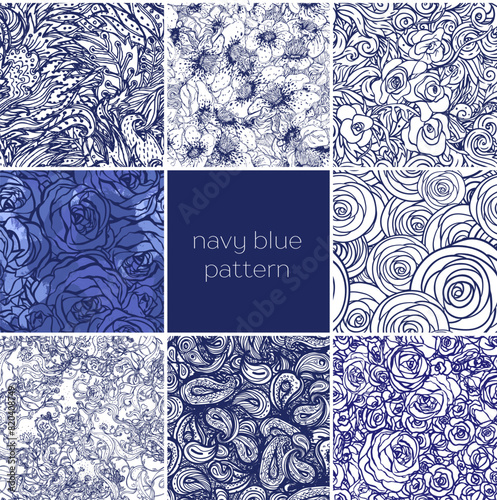 Abstract navy blue hand-drawn pattern set, waves background. Seamless pattern...