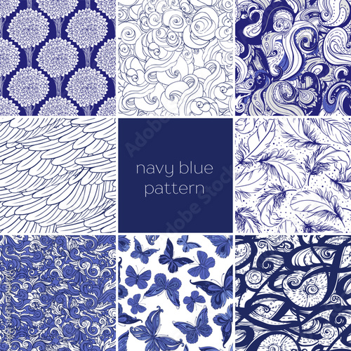 Abstract navy blue hand-drawn pattern set, waves background. Seamless pattern...