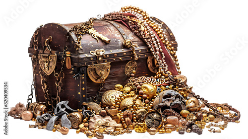 A pirate's hoard, brimming with wealth in the form of gold and silver isolated on a transparent background cut out. 