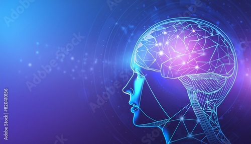 Human head brain  digital connections 3D illustration  blue background.