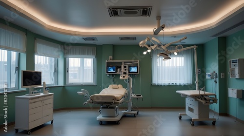 pseudo 360 Hospital interior design with operating table and lamp.generative.ai