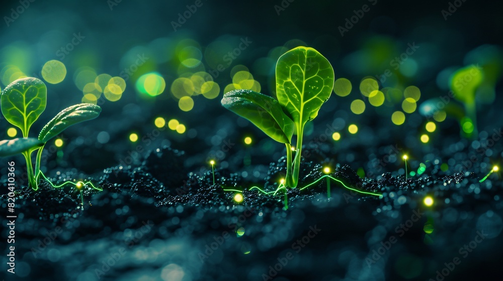 Close-up of vibrant seedling sprouts in soil with glowing lights, depicting growth and nature's beauty at night. Close-up of vibrant seedling sprouts in soil with glowing lights, depicting growth and nature's beauty at night.