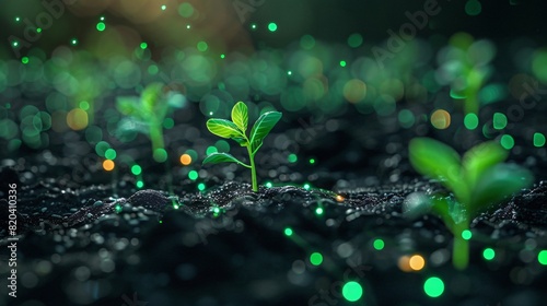 Close-up of vibrant green seedlings growing in dark, rich soil with magical, sparkling lights around, symbolizing new life and growth.